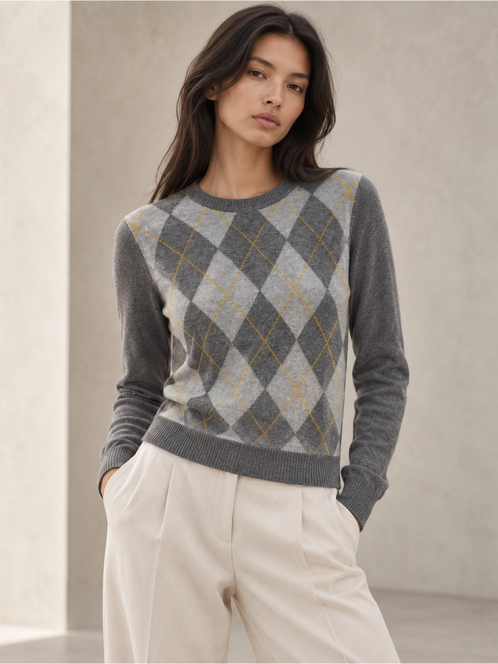 Merona Gray Argyle Crewneck Sweater Mustard Yellow Preppy Academia M
